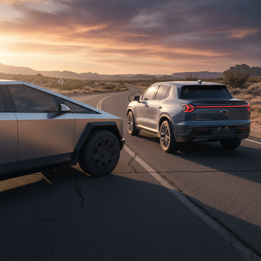 Tesla Cybertruck and Chevrolet Silverado EV driving side by side on a highway, showing size and design differences between the two electric pickups