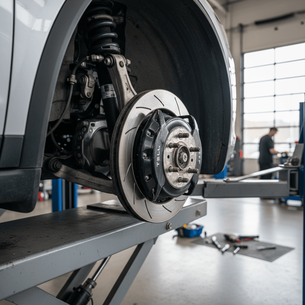 Tesla Model X on a lift with a technician inspecting front brakes and suspension components
