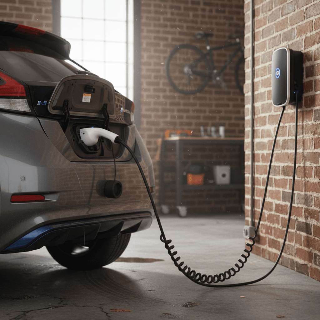 2023 Nissan Leaf plugged into a Level 2 home charger in a suburban garage