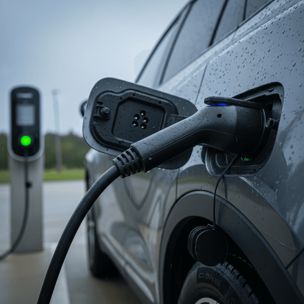 Close-up of an EV charging station screen showing kilowatts, amps, and remaining charge time during a session