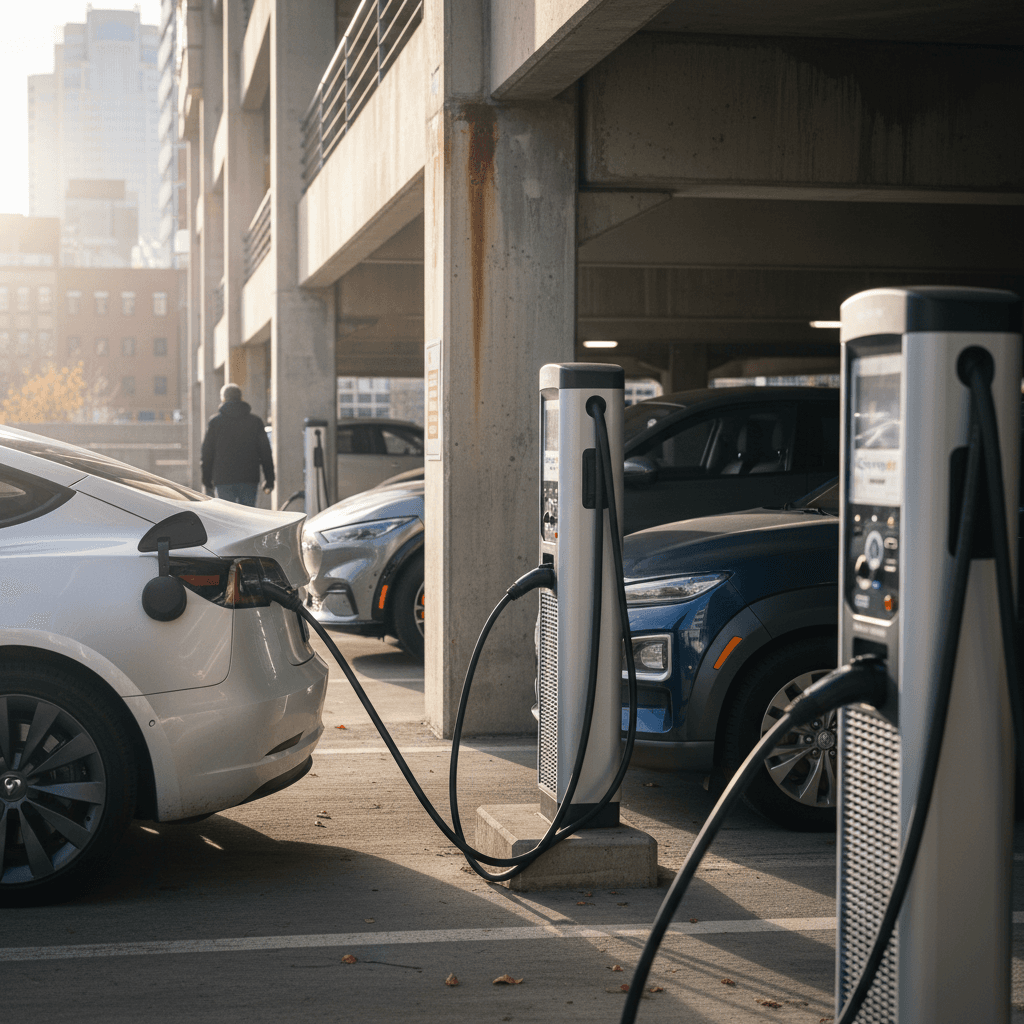 Downtown Minneapolis parking ramp with several electric vehicles plugged into ChargePoint Level 2 stations