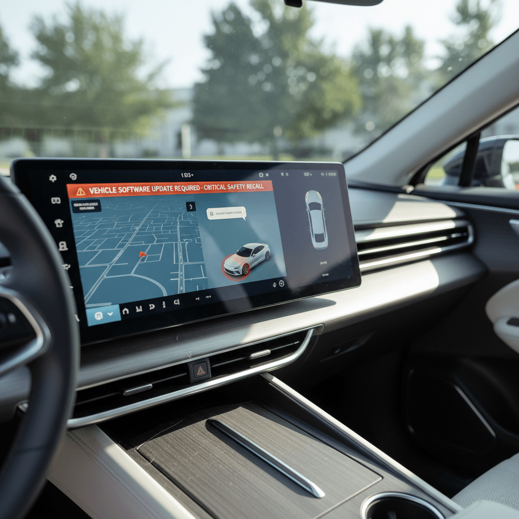Lucid Air cockpit view showing the main infotainment screen with a safety alert notification displayed