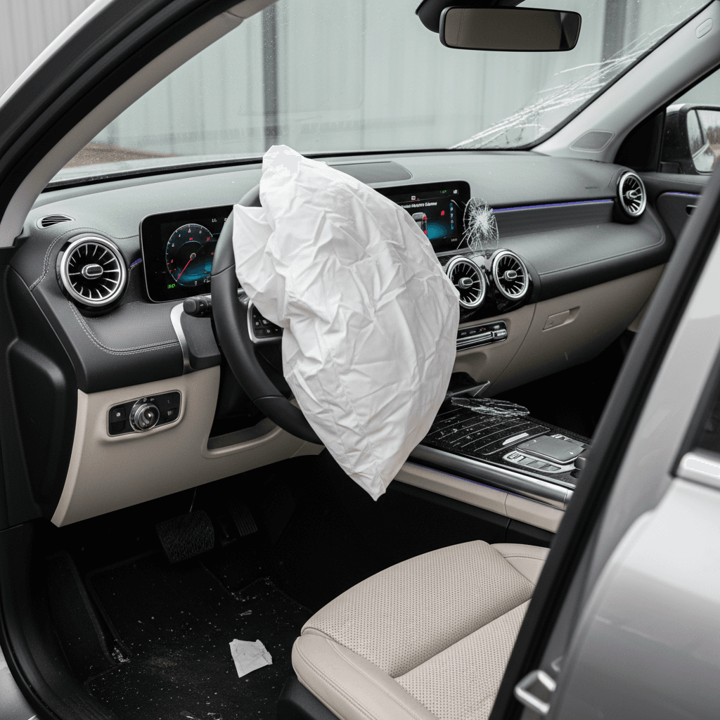 Mercedes EQB interior with multiple airbags deployed, illustrating front, side, and curtain protection coverage