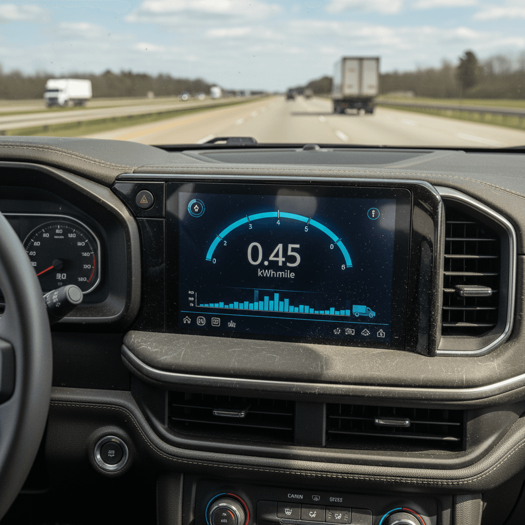 Chevrolet Silverado EV dashboard screen showing real-time kWh per mile energy consumption while driving on the highway