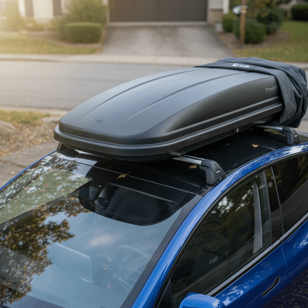 Tesla Model Y parked in a driveway with factory roof rack and cargo box mounted, showing moderate roof load