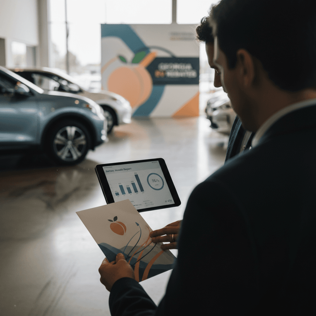 Buyer and EV specialist reviewing a used electric vehicle’s battery health and pricing report in a showroom
