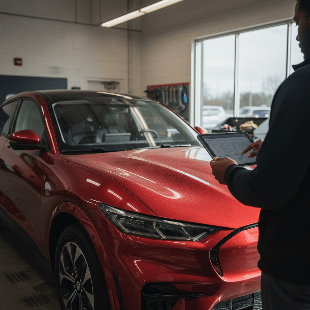 Service advisor reviewing a 2023 Ford Mustang Mach‑E battery health report on a tablet during trade‑in appraisal