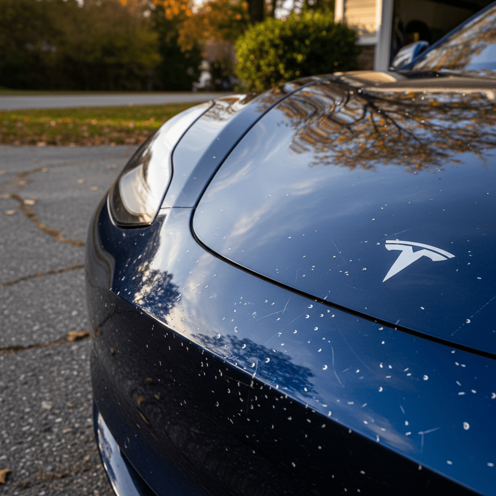 Close-up of an EV fender showing multiple rock chips and clear-coat swirls under direct light