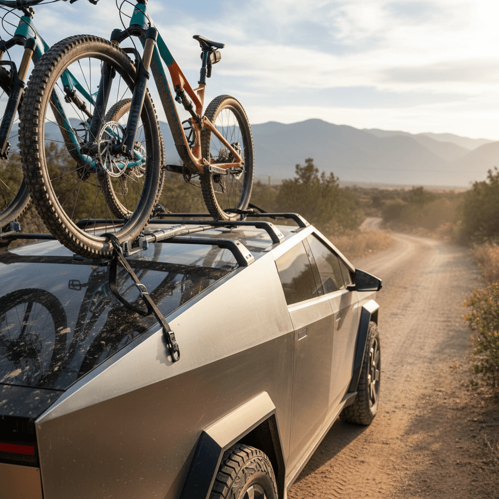 Tesla Cybertruck parked on a dirt road with two mountain bikes mounted on roof crossbars