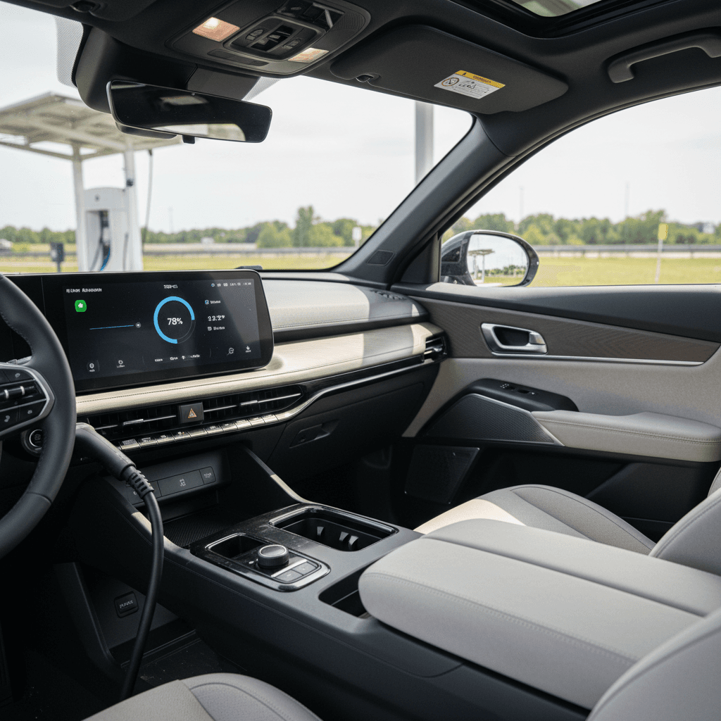 Interior view of a 2025 Kia EV9 with three rows of seating while plugged into a DC fast charger