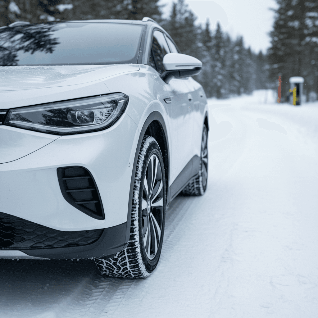 Volkswagen ID.4 fitted with dedicated winter tires parked on a snowy street