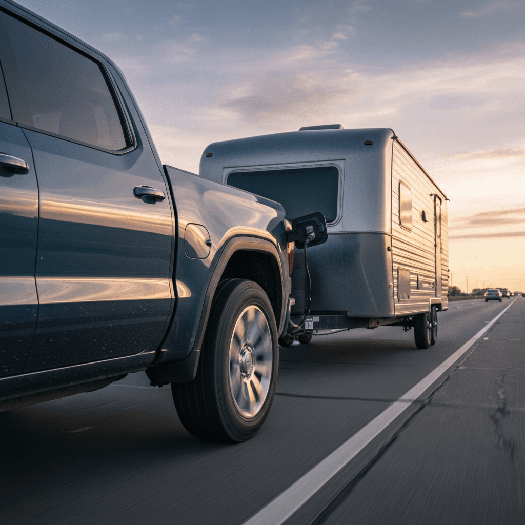 Electric pickup truck towing a trailer along a highway, illustrating Sierra EV towing use cases