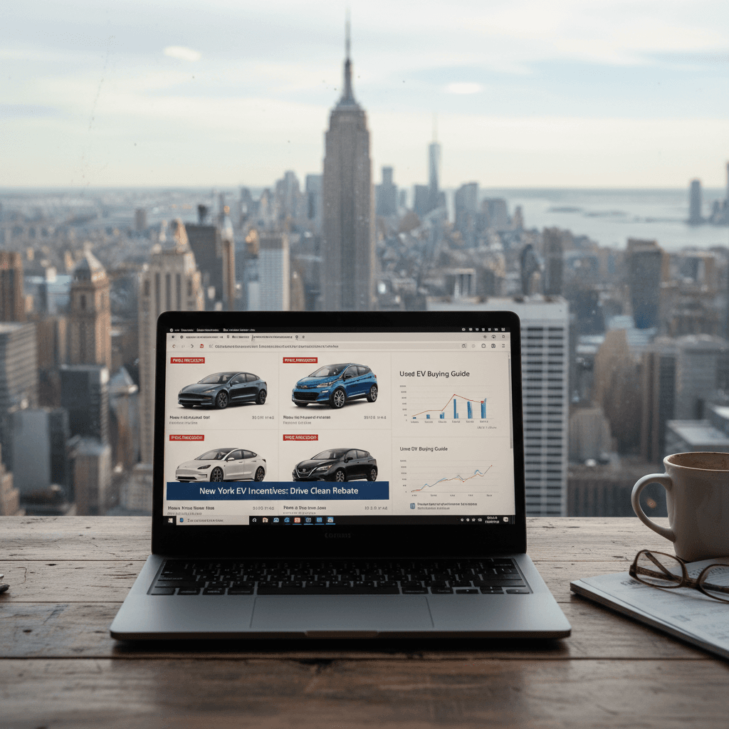 Buyer comparing multiple used electric vehicles and battery health reports while shopping online in New York