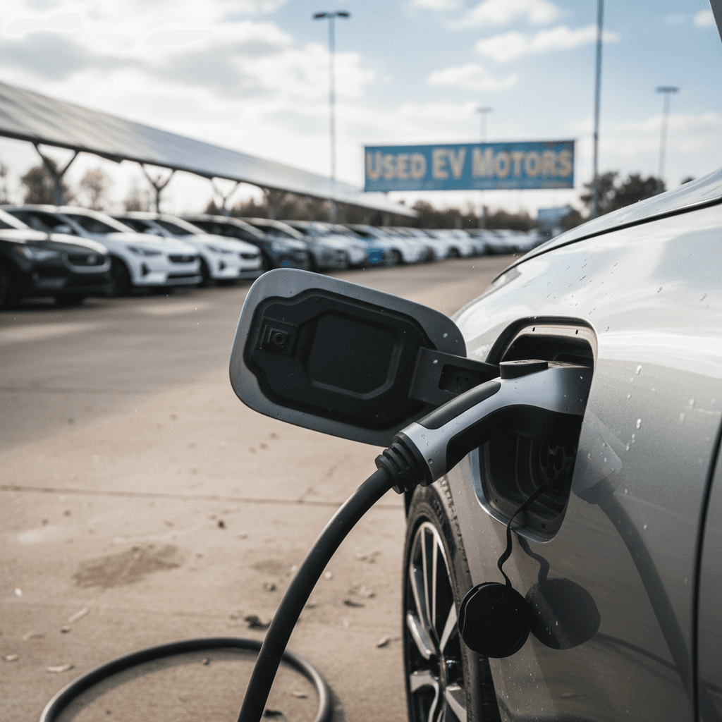 2024 Polestar 2 charging at a used EV dealership lot with price tags visible on windshields