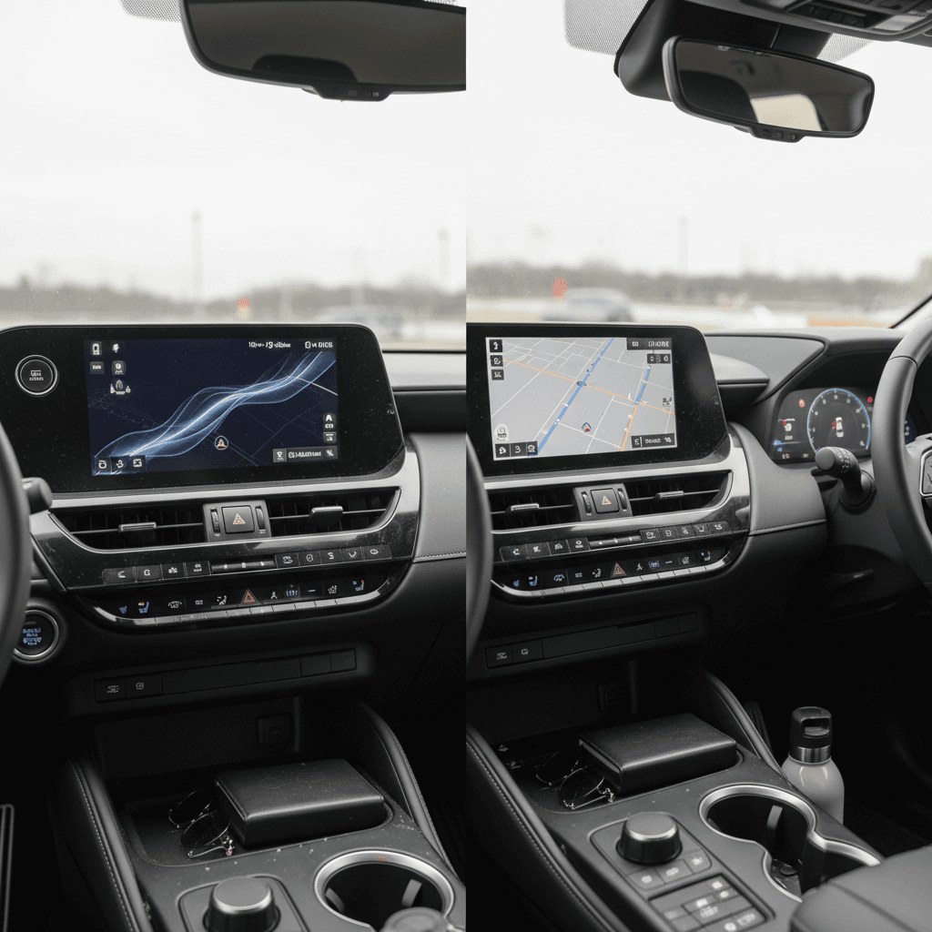 Side-by-side comparison of Lexus RZ and Toyota bZ4X interiors showing different dashboards and screens