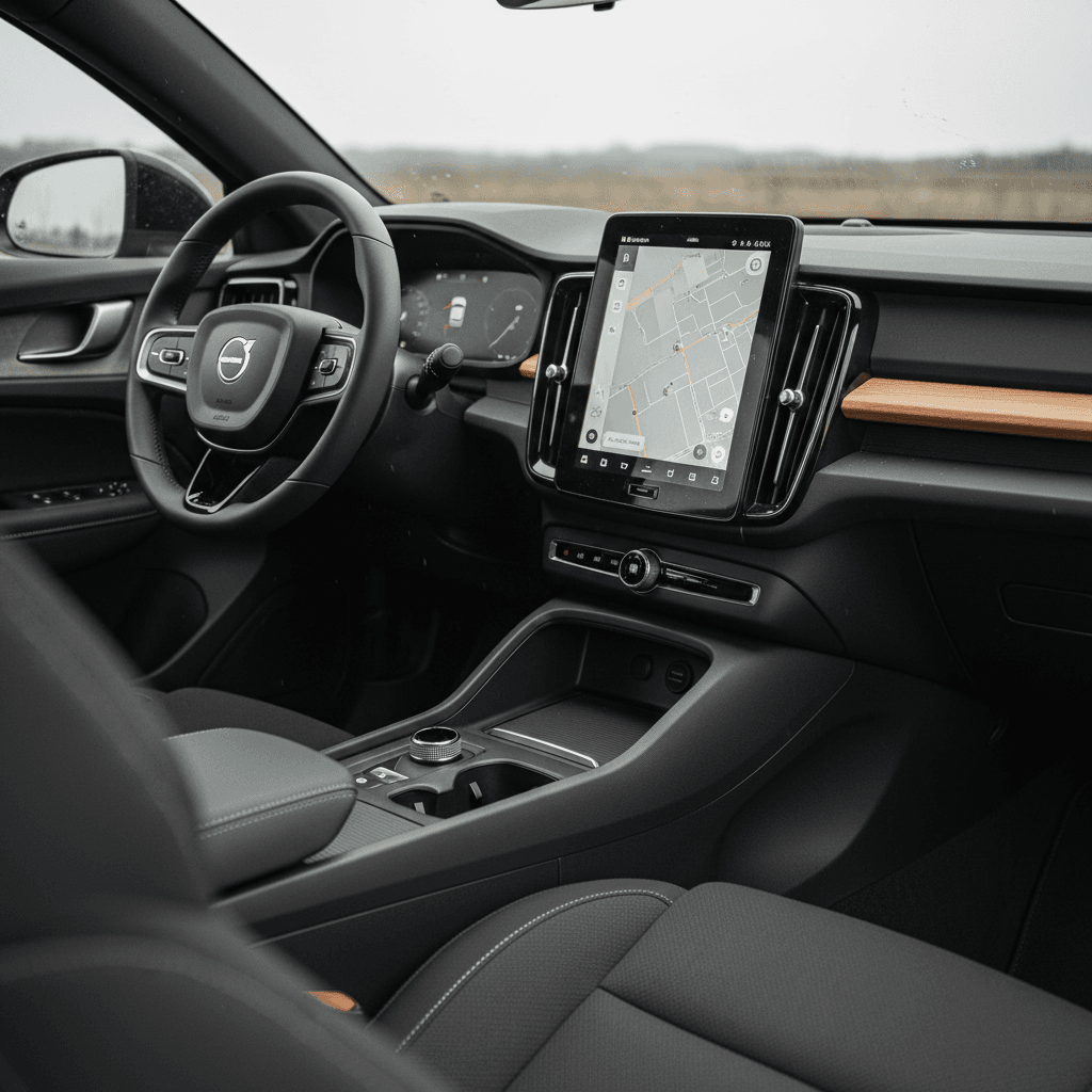 Minimalist interior of a 2021 Polestar 2 highlighting the vertical Google-based touchscreen and fabric dashboard trim