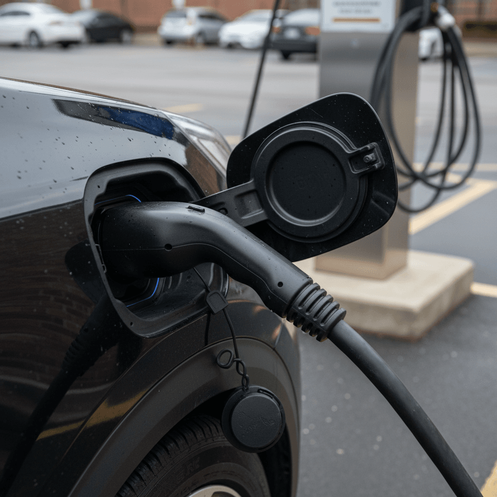 2023 Kia Niro EV plugged into a DC fast charger showing the charge port on the front fender