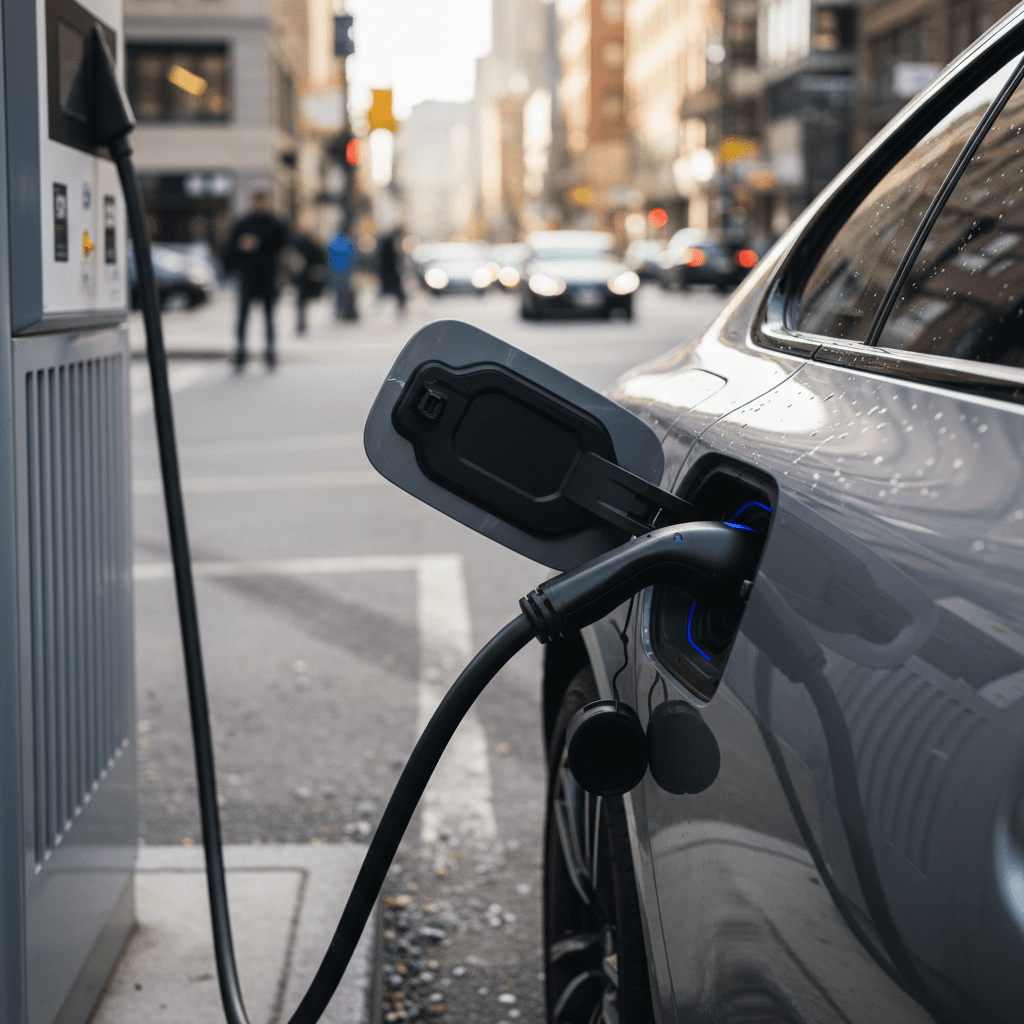 2024 BMW i4 plugged into a DC fast charger at an urban station