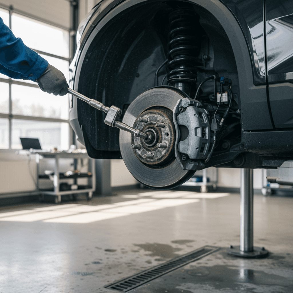 Technician inspecting a Volvo EX30’s wheels and brakes on a lift in a clean service bay