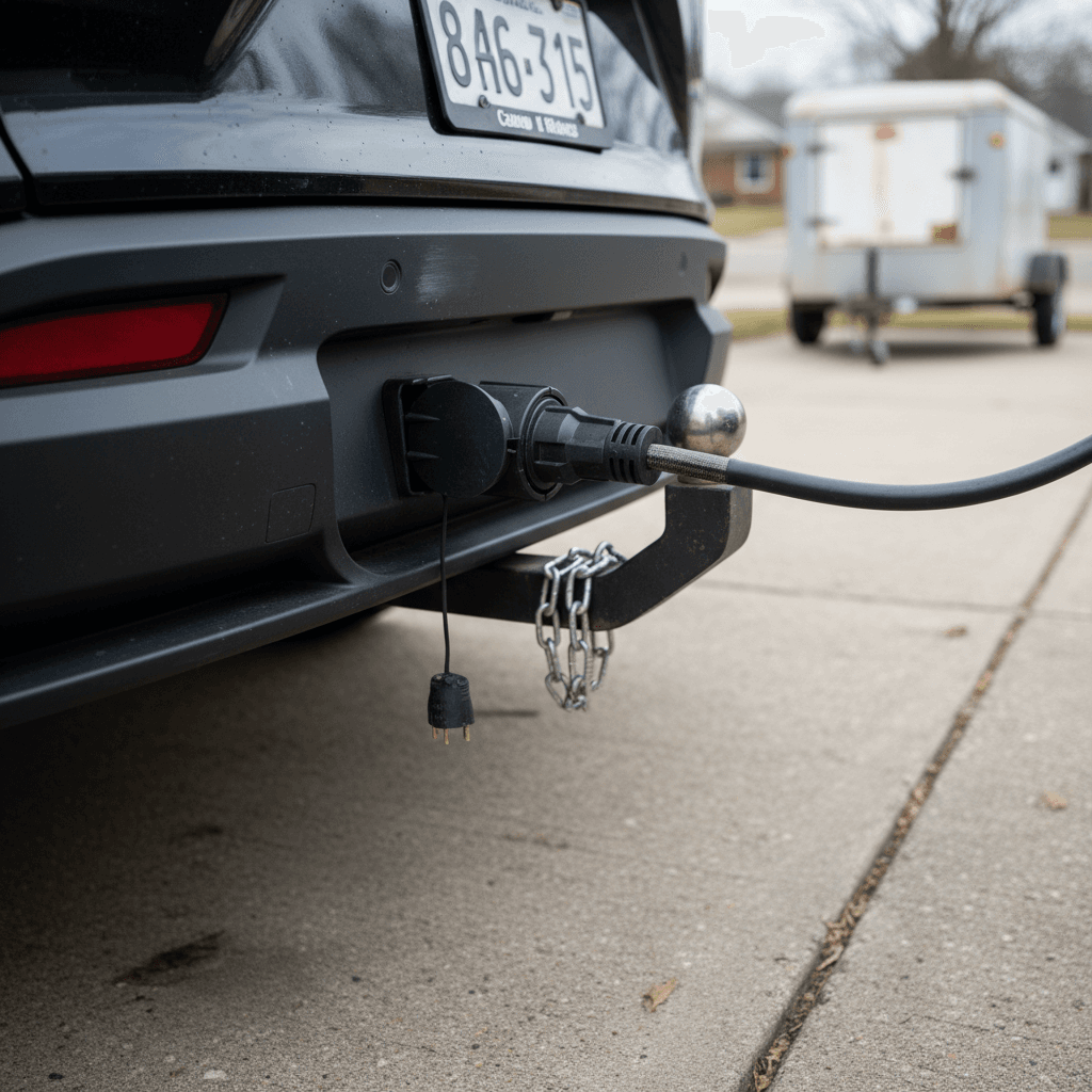 Close-up of a Fisker Ocean’s factory trailer hitch and electrical connector, ready to tow a small trailer in a driveway