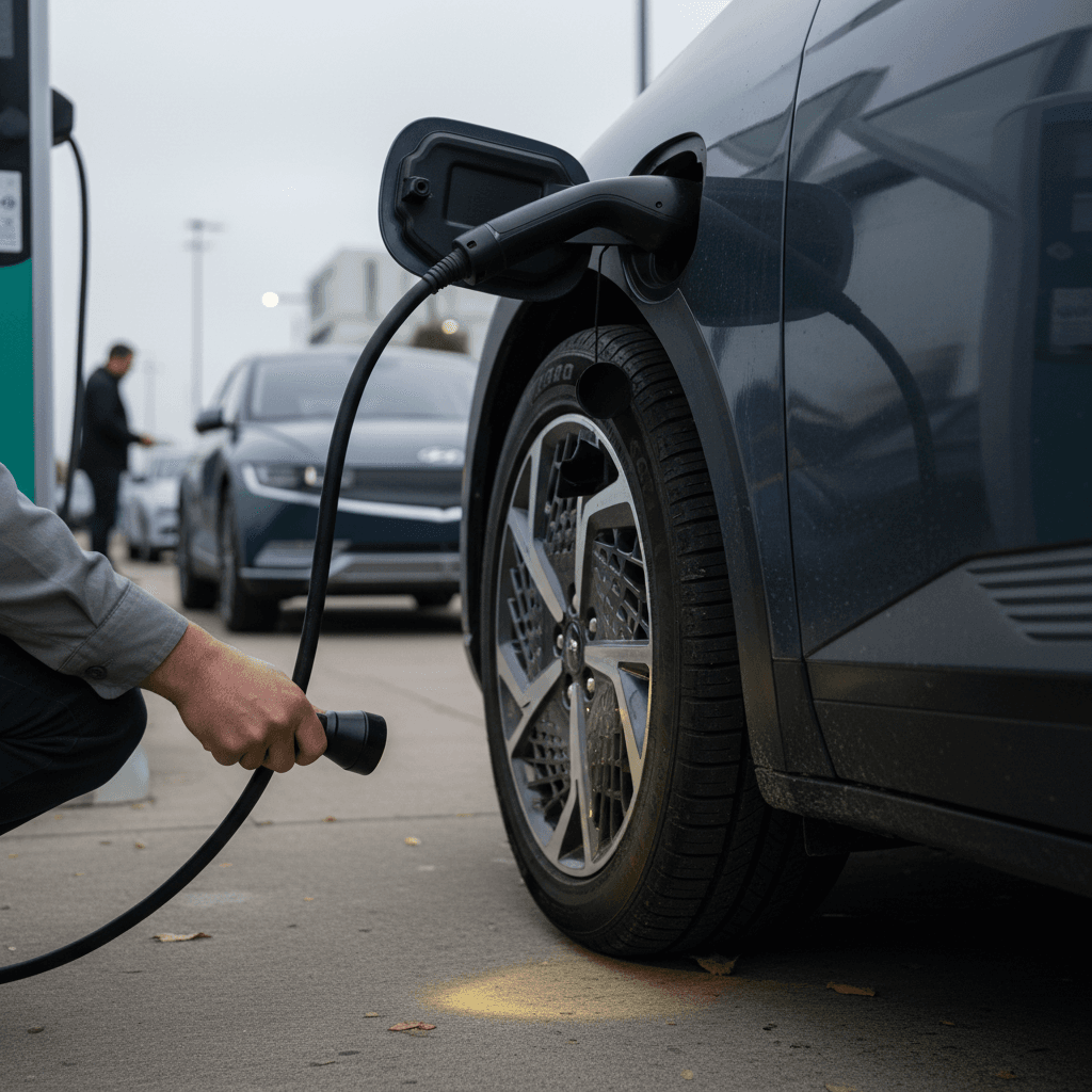 Driver inspecting a used Hyundai Ioniq 5 while it charges at a public fast-charging station