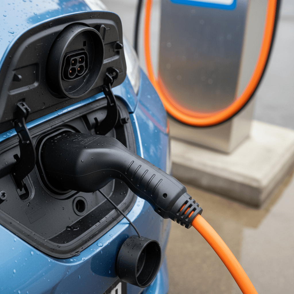 Nissan Leaf charging port with CHAdeMO DC fast charge connector plugged in