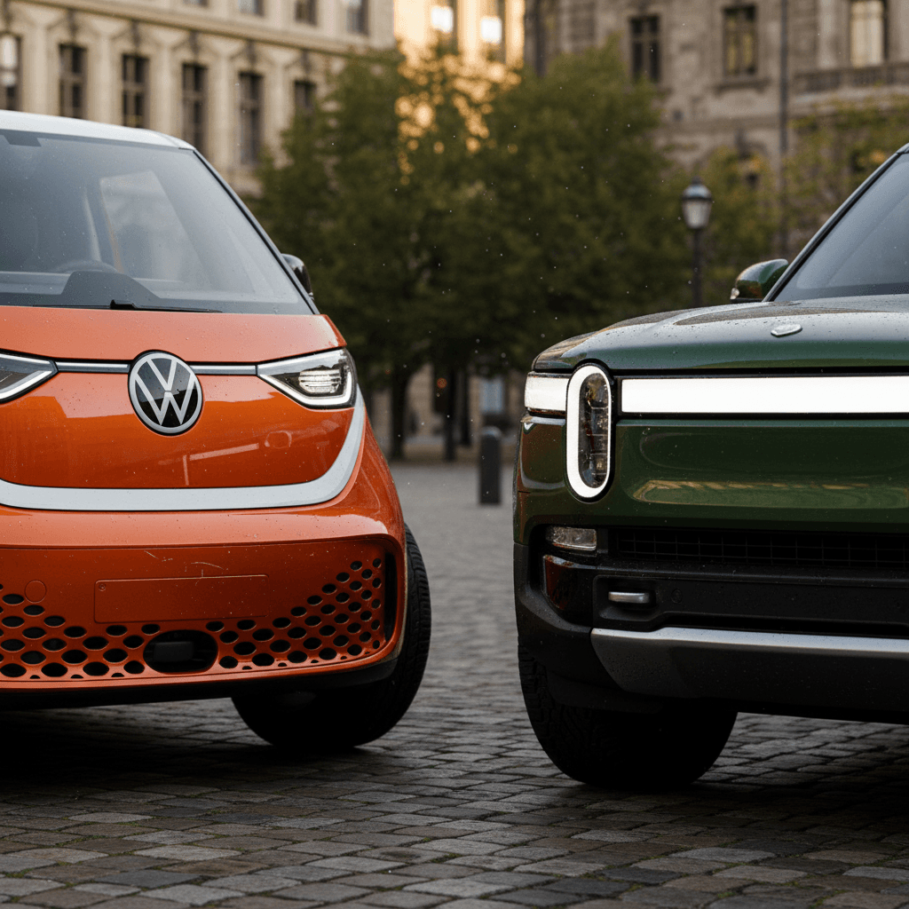 Volkswagen ID. Buzz electric van and Rivian R1S electric SUV parked side by side showing different body styles