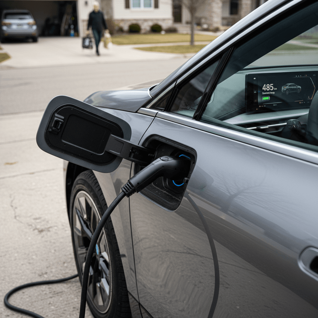 BMW iX plugged into a home charger with the digital dashboard showing remaining range and battery status