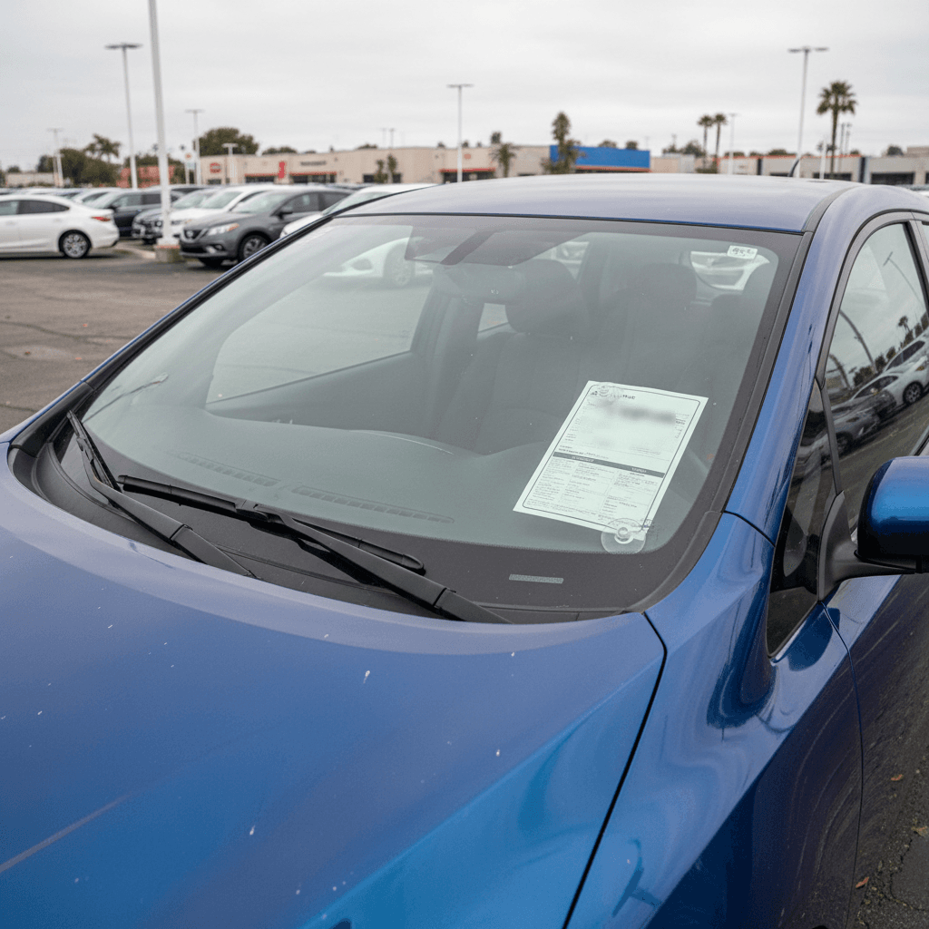 Used 2020 Nissan Leaf parked on a dealer lot with a visible price tag in the windshield