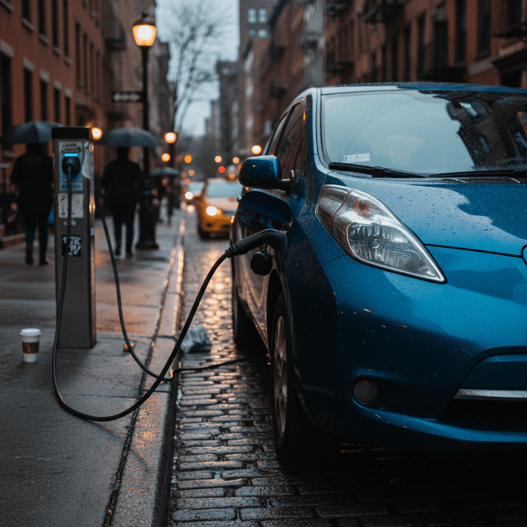 Used electric vehicle plugged into a curbside charger on a New York City street at dusk, with apartment buildings in the background