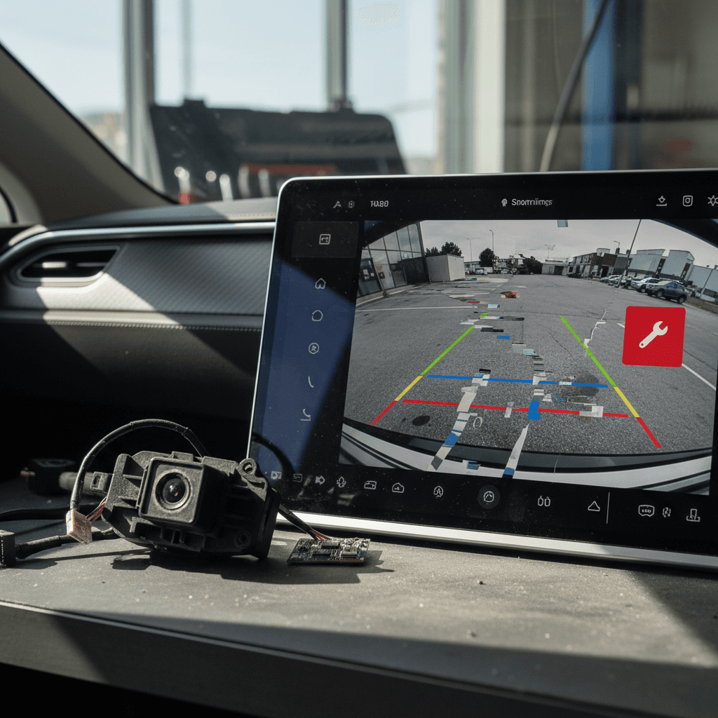 Close-up of a Tesla Model S rear camera and center screen showing the backup view, highlighting the importance of recall-related software updates.