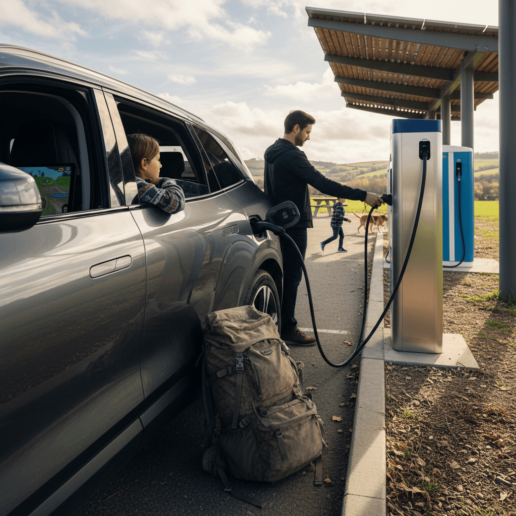 Family-sized electric SUV plugged in at a public fast charger during a road trip