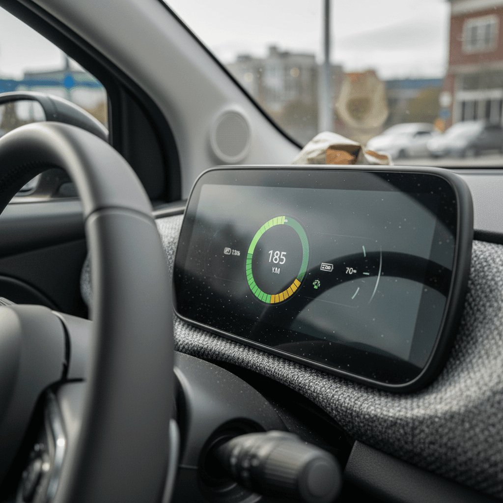 Fiat 500e dashboard showing battery state of charge and estimated driving range on central display