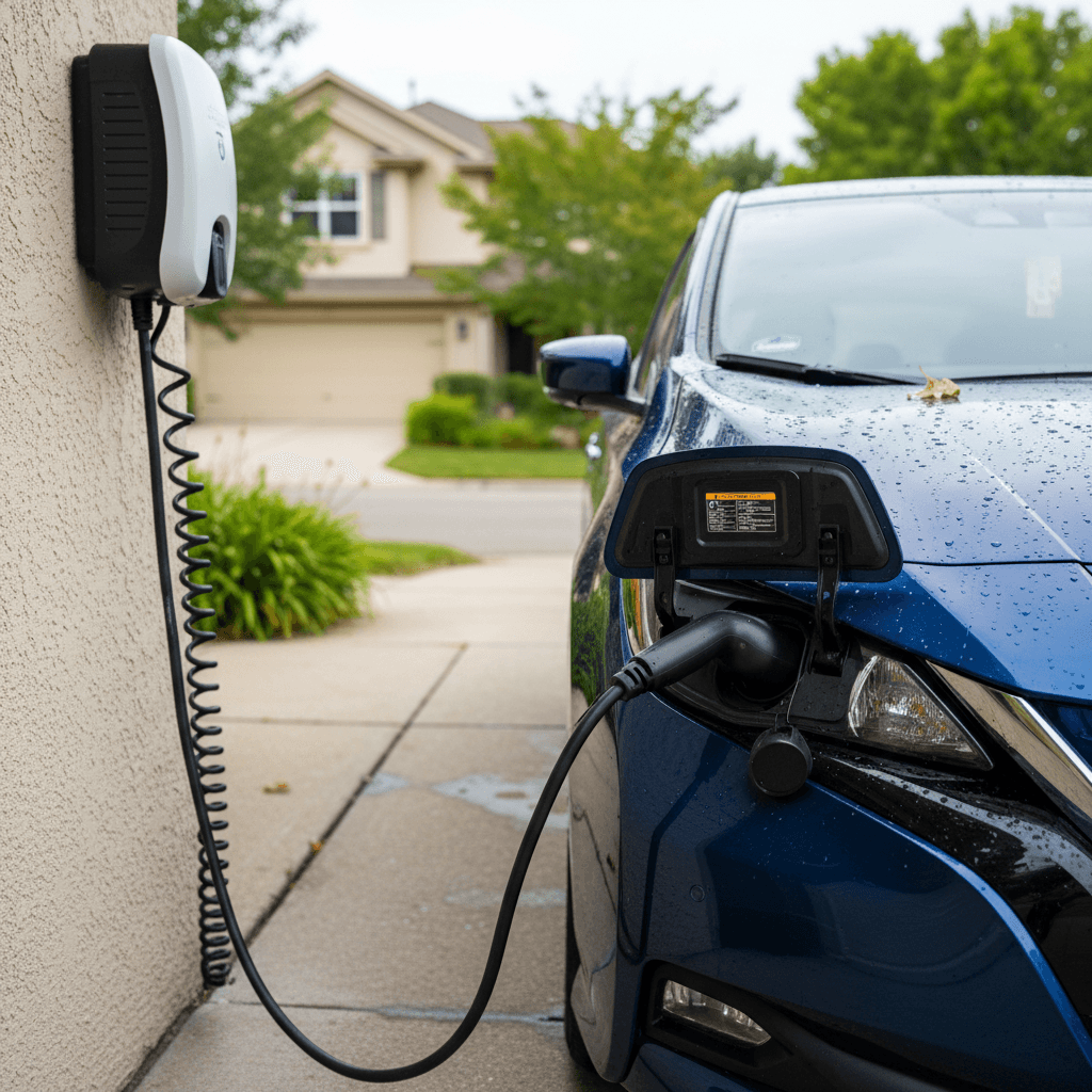 2019 Nissan Leaf plugged into a Level 2 home wall charger in a driveway