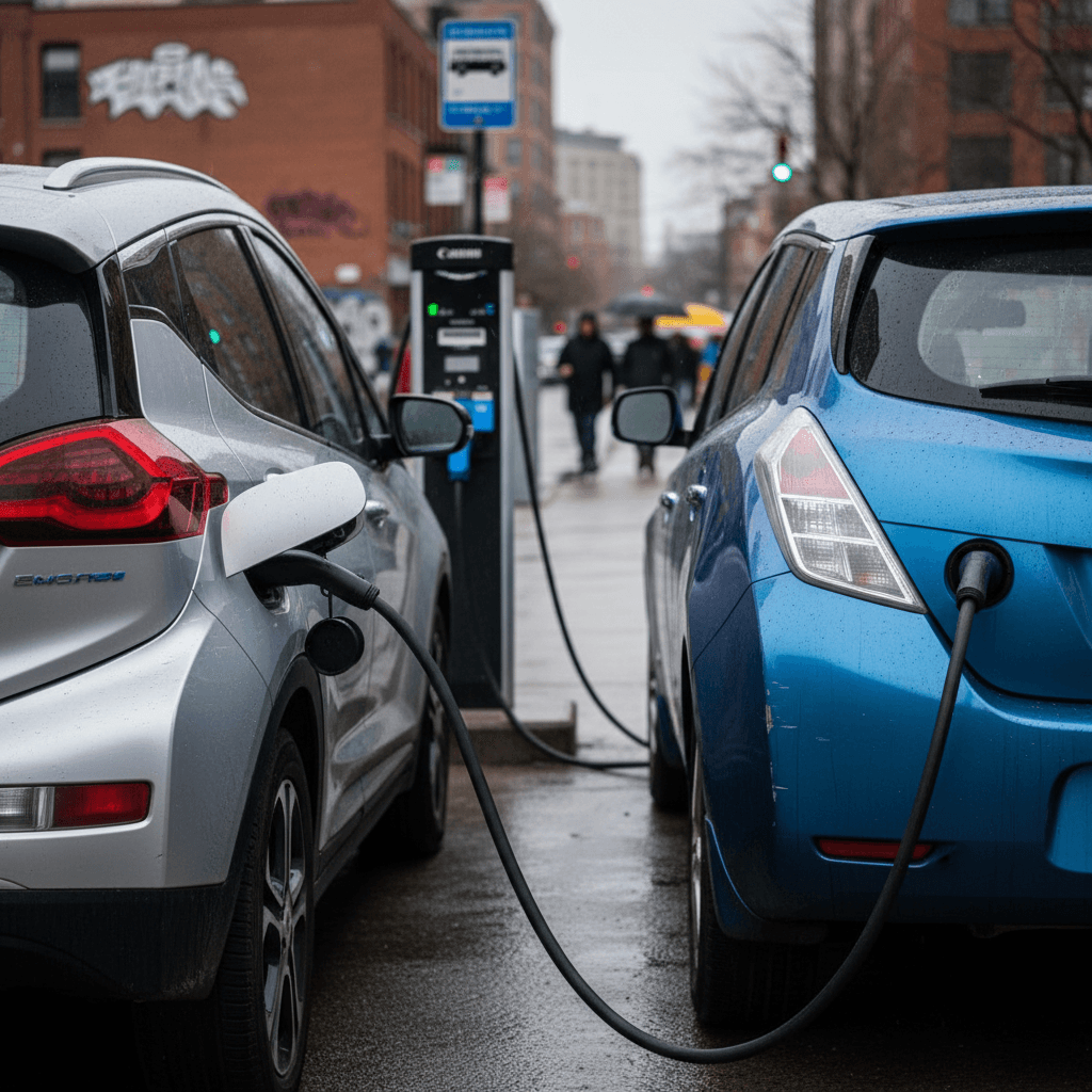 Used Chevy Bolt and Nissan Leaf plugged into public charging stations, representing affordable EVs under $20,000