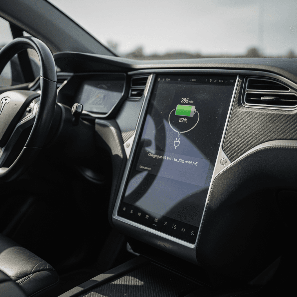 Tesla Model X touchscreen display showing battery percentage and estimated remaining range while parked