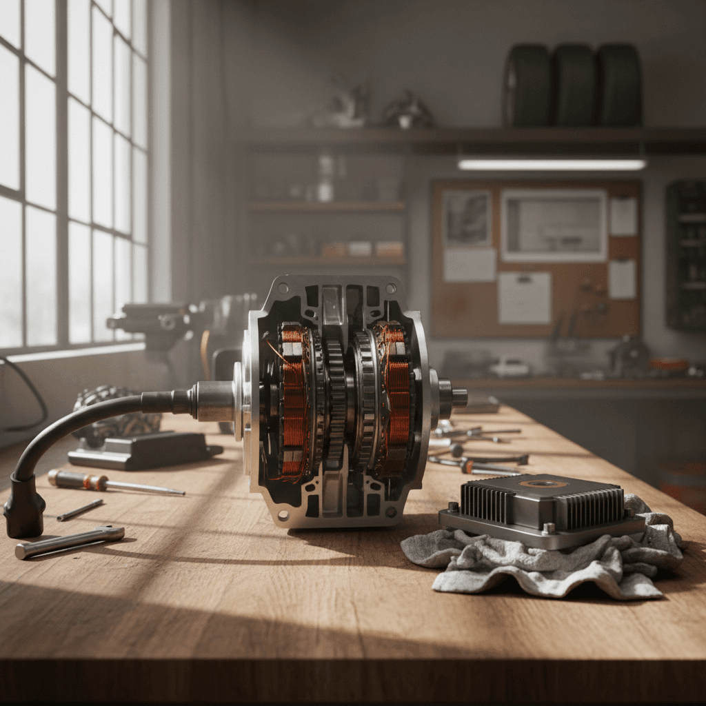 Electric pickup truck driving off road on a dirt trail with mountains in the background