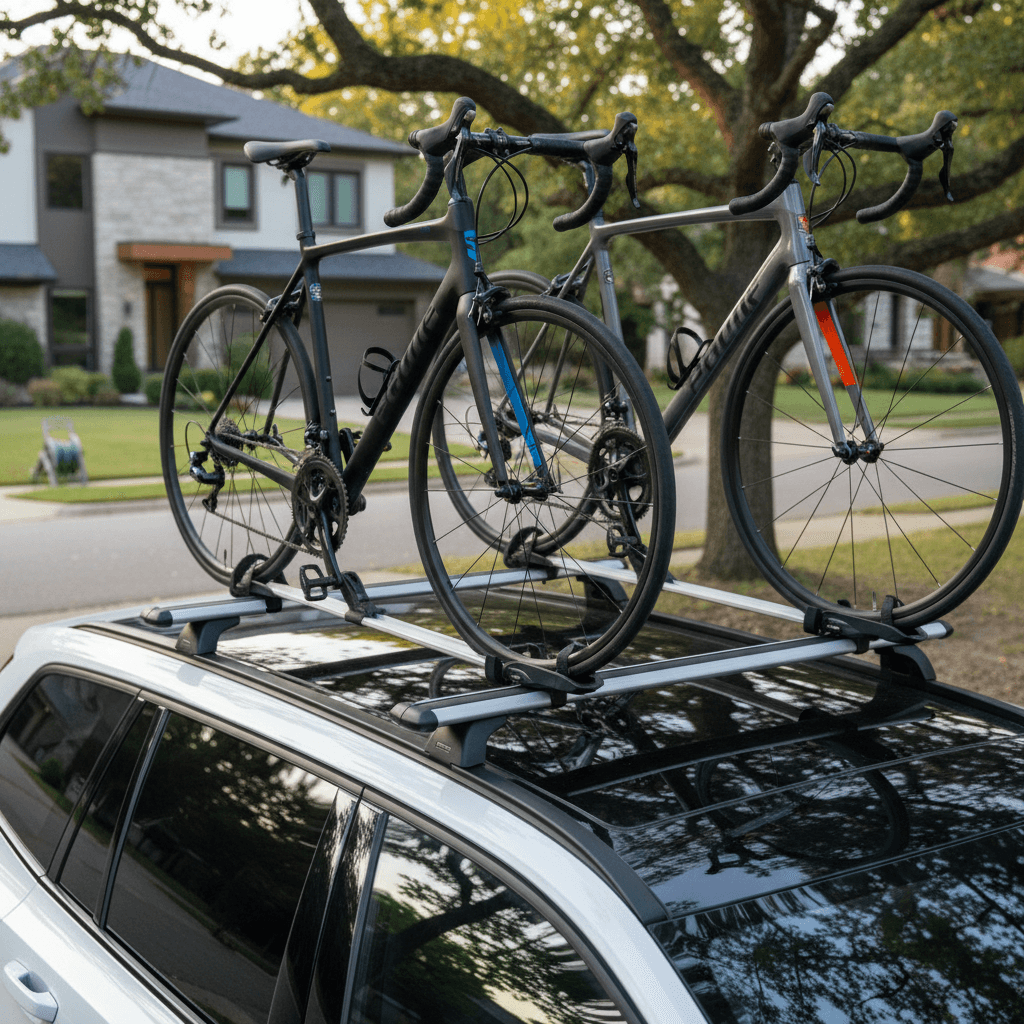 Volvo EX90 with OEM-style roof cross bars carrying two bicycles on frame-mounted carriers in a driveway