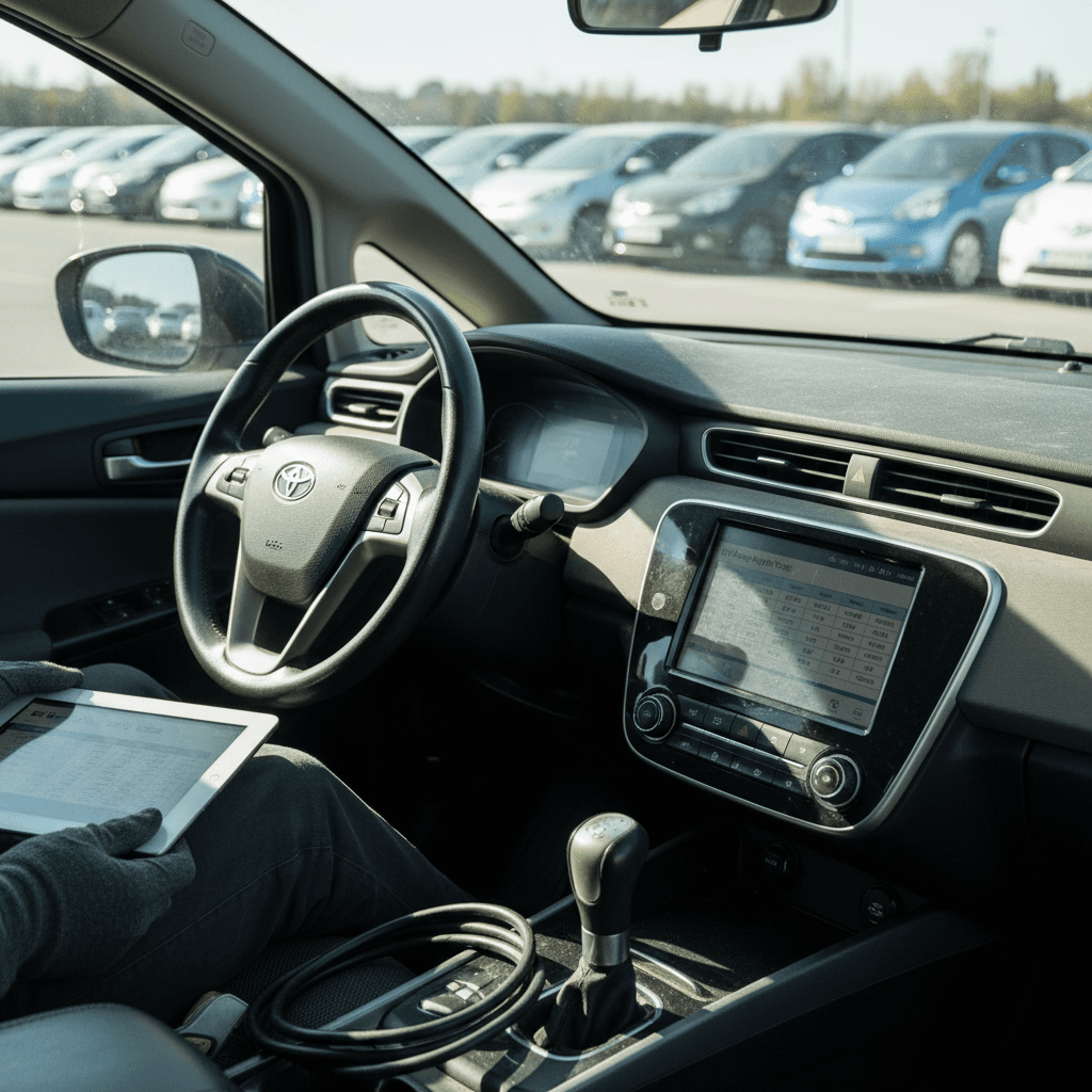 Used electric hatchback plugged into a home charger in a residential driveway