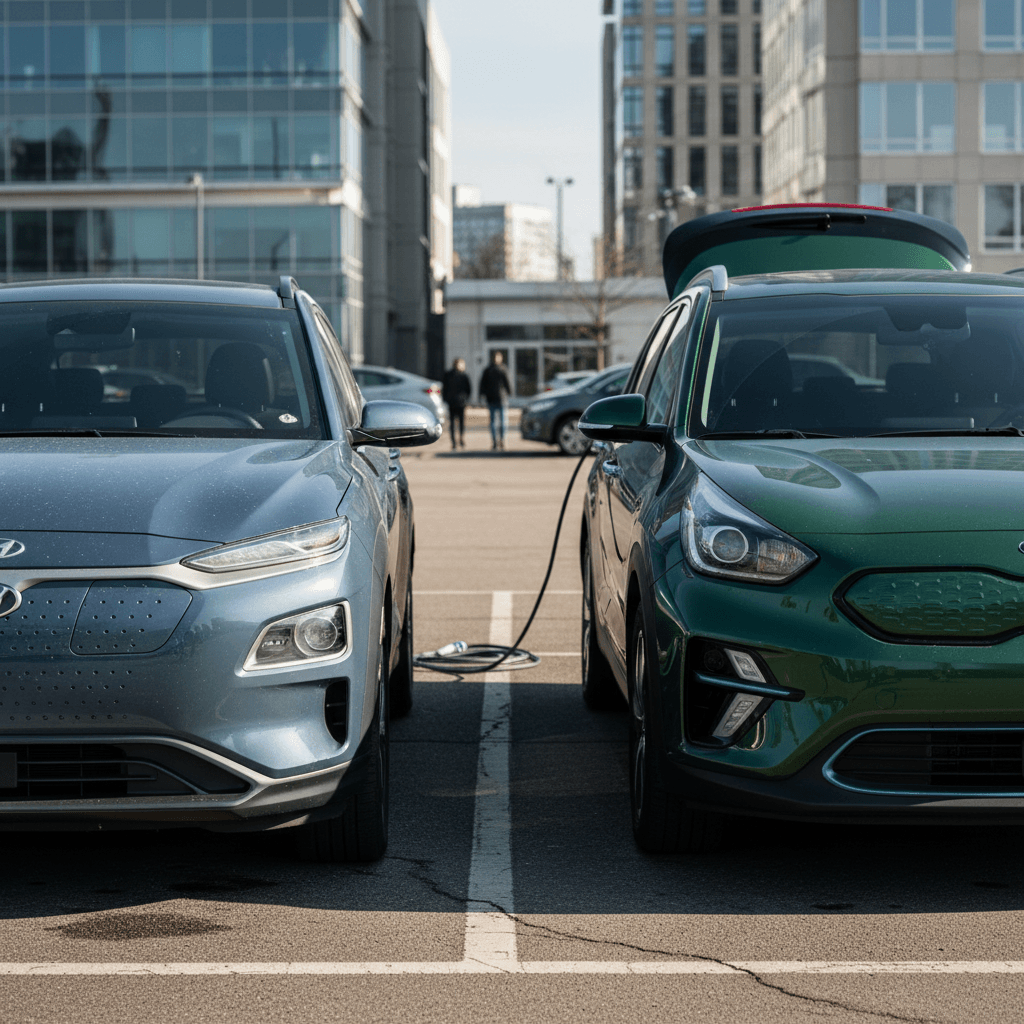 Side-by-side view of a Hyundai Kona Electric and Kia Niro EV highlighting size and shape differences