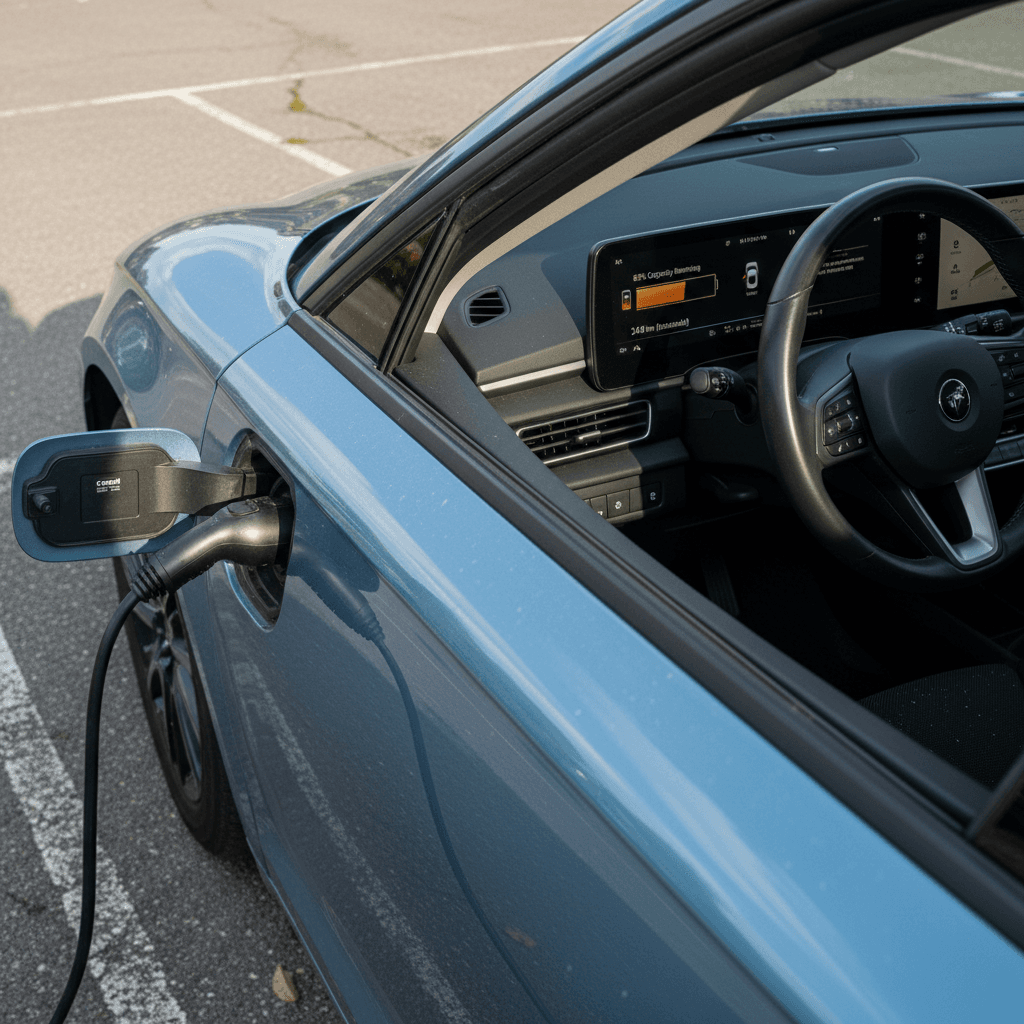 Dashboard view of a used electric car showing healthy battery range alongside a home charger cable neatly coiled in the trunk