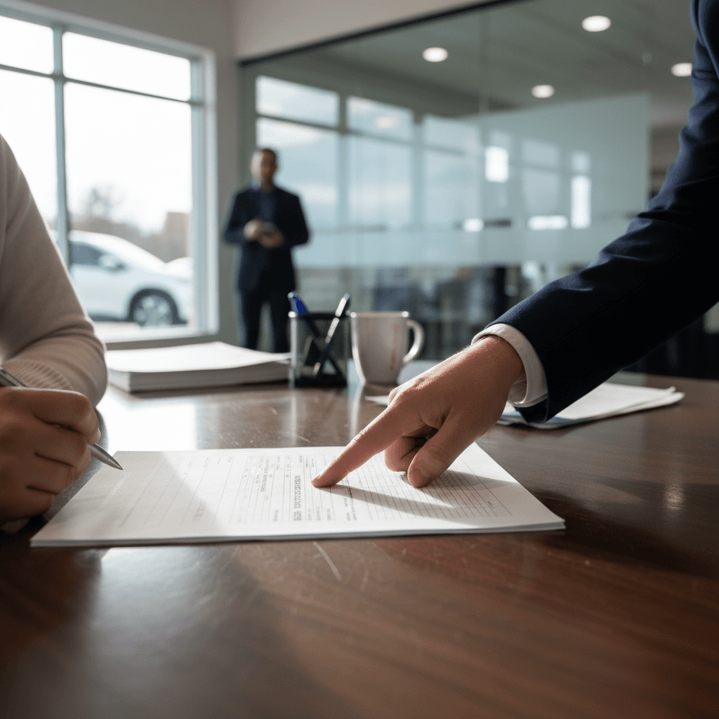 Connecticut car buyer reviewing a purchase contract that shows an EV rebate applied at a local dealership