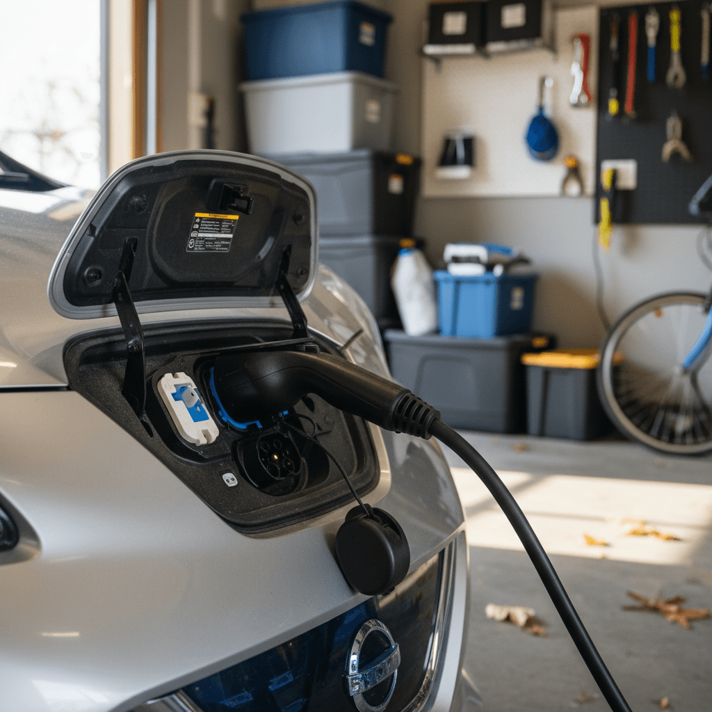 Close-up of a Nissan Leaf’s J1772 charge port connected to a Level 2 home charger in a residential garage