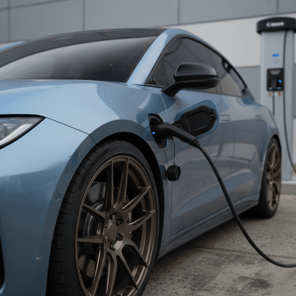 Electric car with aftermarket wheels and tinted windows charging at a public station, for sale sign reflected in window