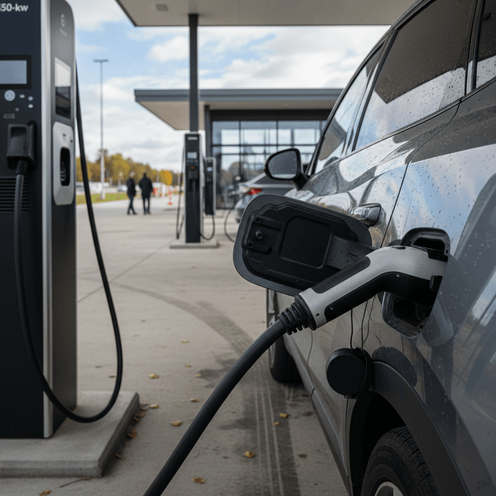 EVs parked at a highway rest stop using multiple DC fast charging stations
