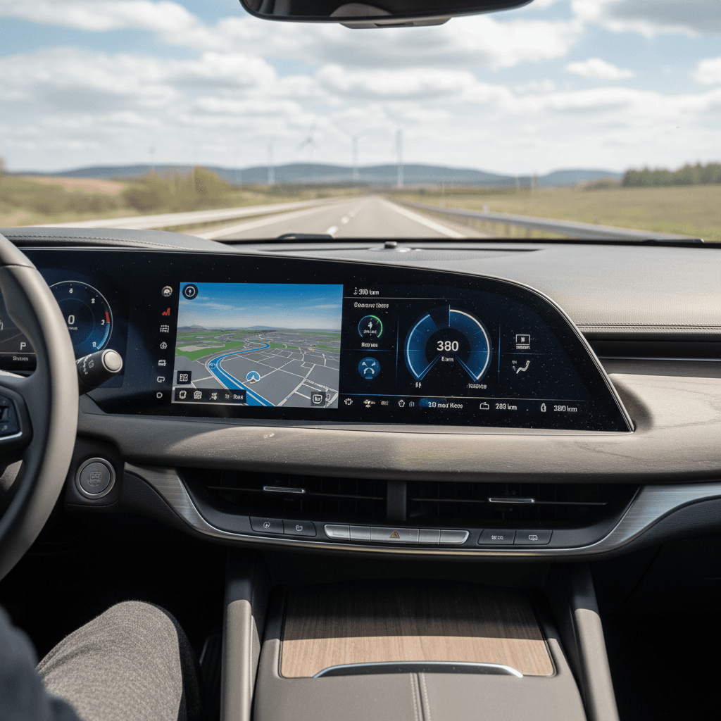 Driver using navigation and energy display inside a Cadillac Lyriq on a highway trip