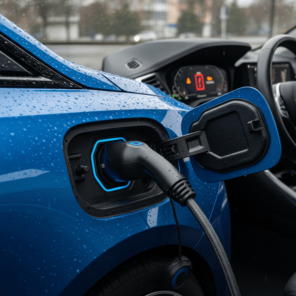 2023 Polestar 2 in a service bay with a technician inspecting the front suspension and wheel area