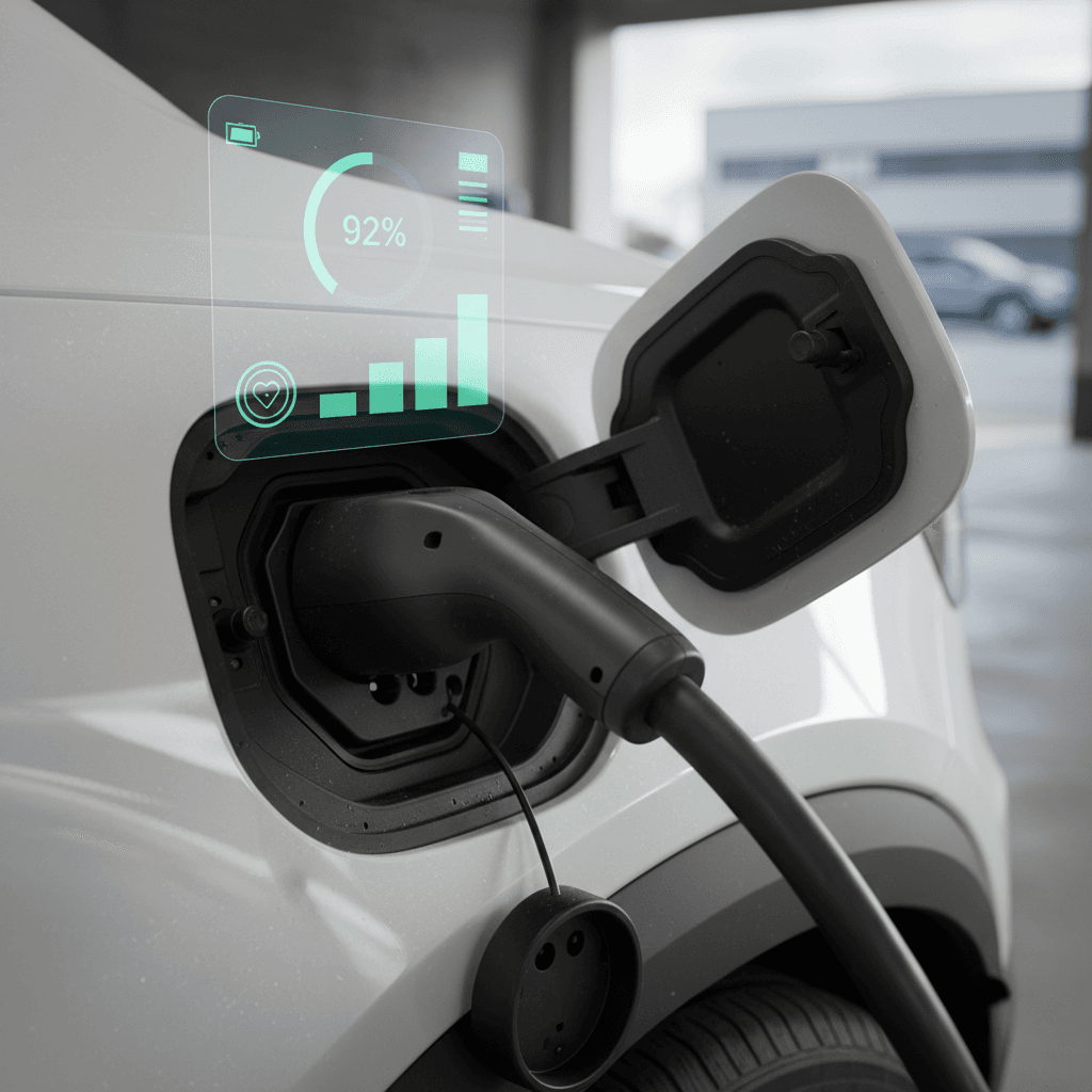 Volvo EX30 plugged into a public charger with an overlay illustrating declining battery health over time
