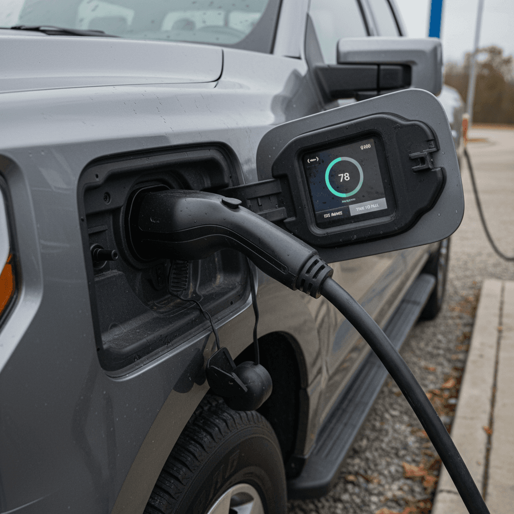 Ford F-150 Lightning charging port and on-screen battery status while plugged in