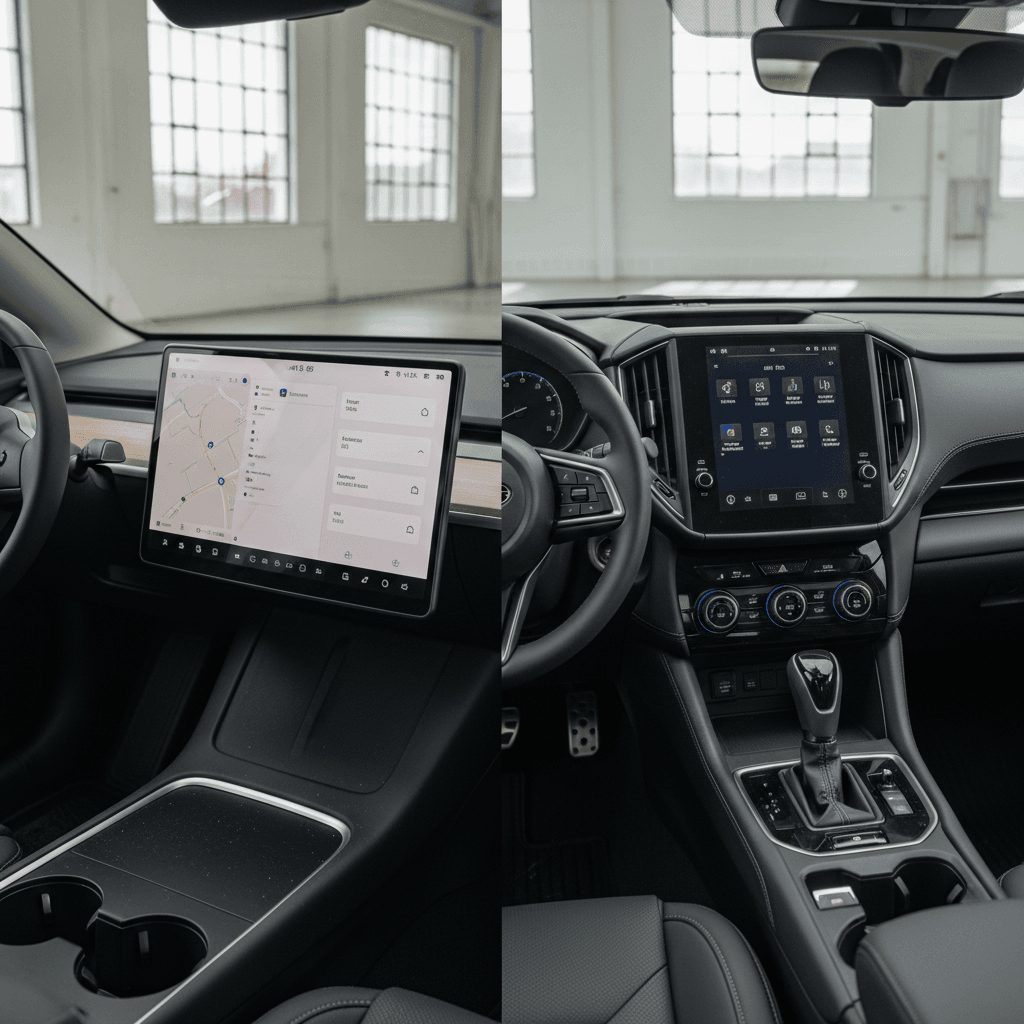 Tesla Model Y and Subaru Solterra interiors highlighting different dashboard layouts and storage solutions
